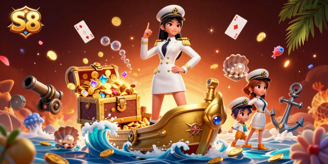 Win at S8 with an exciting casino illustration featuring gold coins and treasure surroundings.