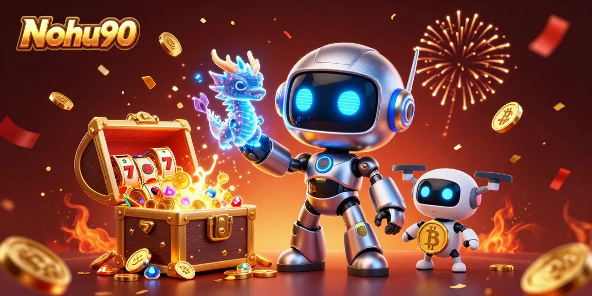 Nohu90 showcases an exciting jackpot scene with a cyberpunk robot, dragon, and drone celebrating wins.