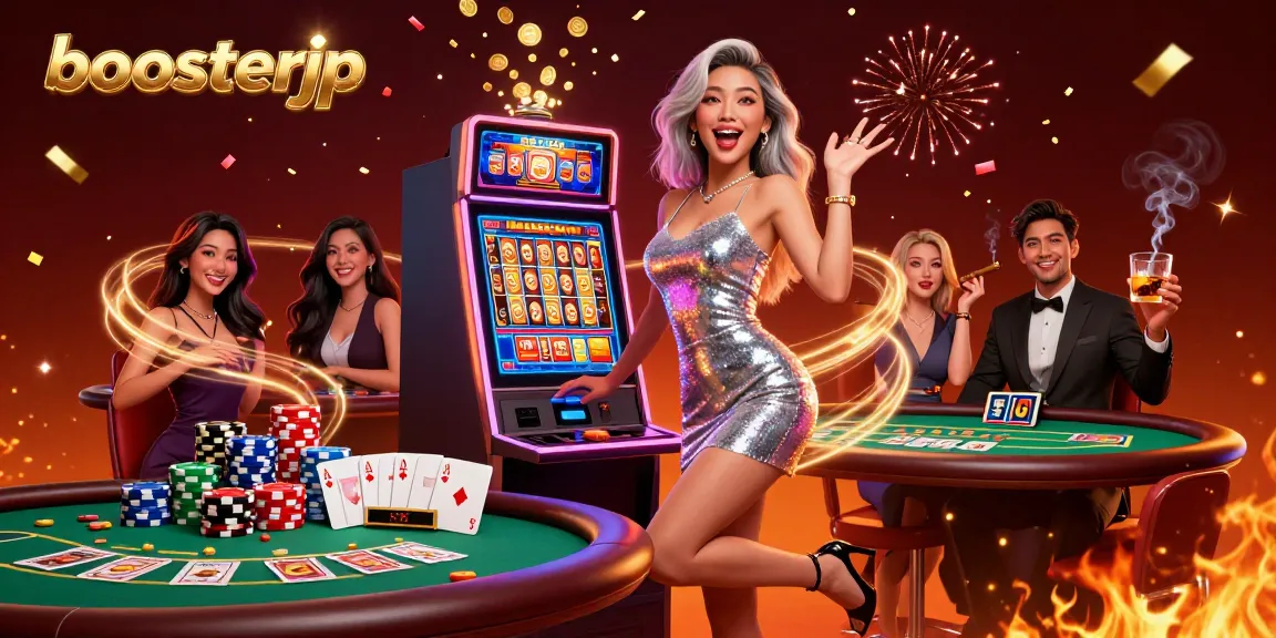 Celebrate a big win with boosterjp at the exciting online casino, featuring vibrant slot machines and poker elements.