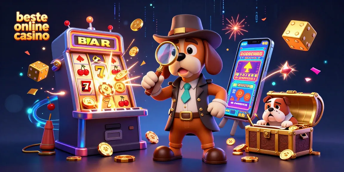 Engage with the beste online casino scene featuring a detective uncovering poker chip clues amidst vibrant casino elements.