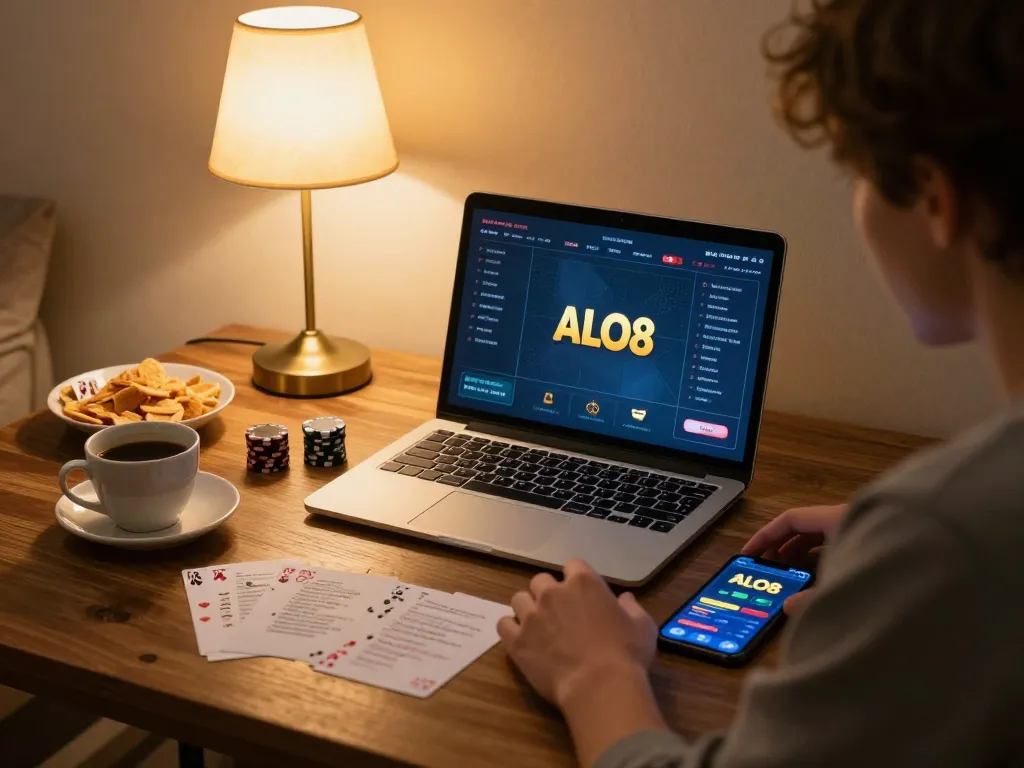 Person playing poker on ALO8 with snacks and coffee at home, showcasing a responsible gaming atmosphere.