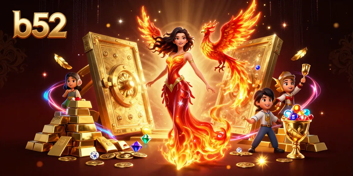 b52 game highlights featuring a stunning Asian woman with a fiery gown and a 3D phoenix amidst a treasure vault.