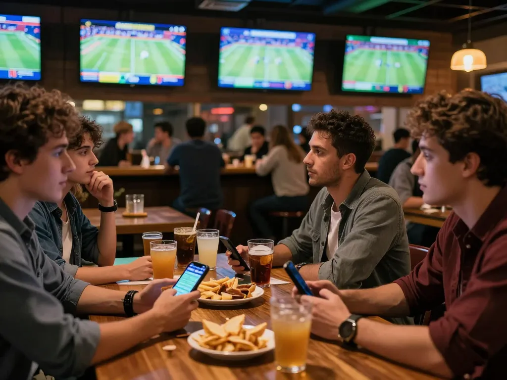 Friends engaging in sports betting at a lively bar with the keyword nhà cái nk88 highlighting trust and excitement.