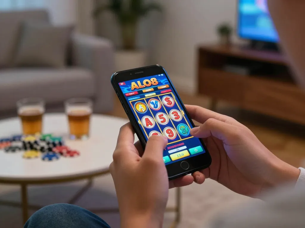 Player enjoying the ALO8 app on smartphone while spinning reels for winning chances