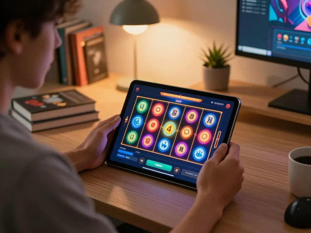 Player spinning reels on slot machine interface through tablet at home