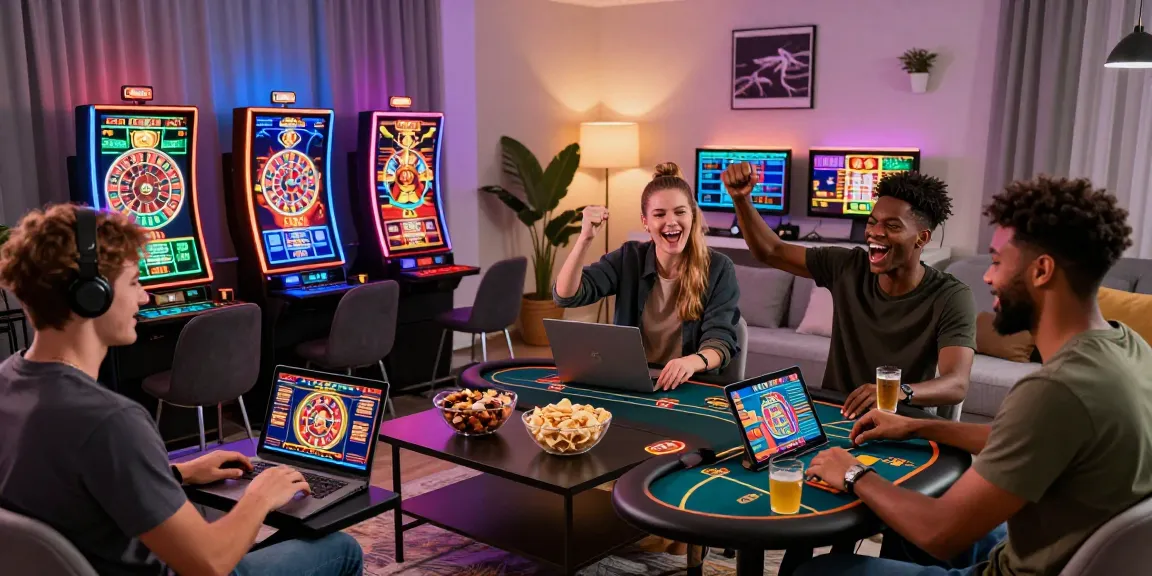Scène excitante de joueurs profitant des jeux de casino en ligne argent réel dans un cadre domestique animé.