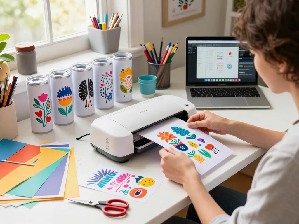 Creative individual crafting with colorful SVG files and tumblers in a bright workspace.