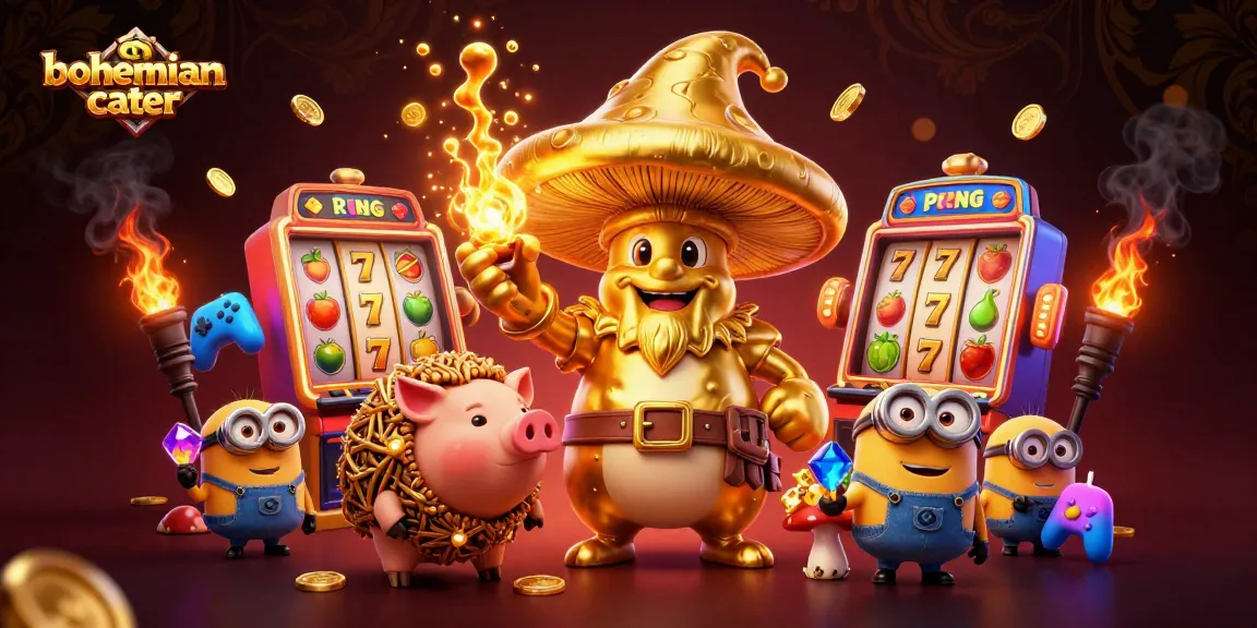 Engage with bohemiancater's vibrant casino world, showcasing a thrilling scene of spinning slot machines and magical creatures.