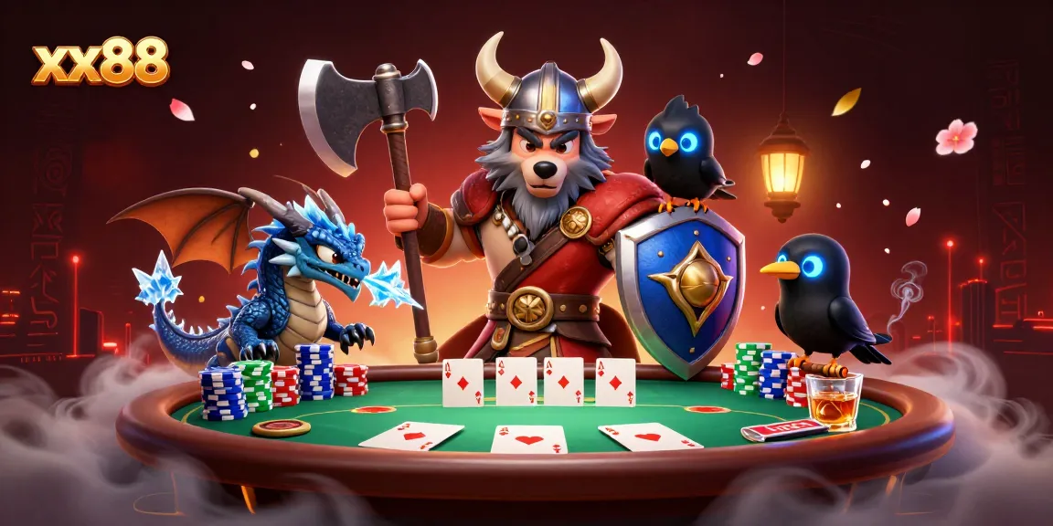 Engage with xx88 as the Viking warrior, dragon, and raven take on high-stakes poker