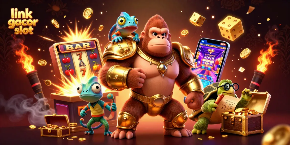 Engage with the link gacor slot graphics featuring a powerful gorilla and dynamic casino elements.