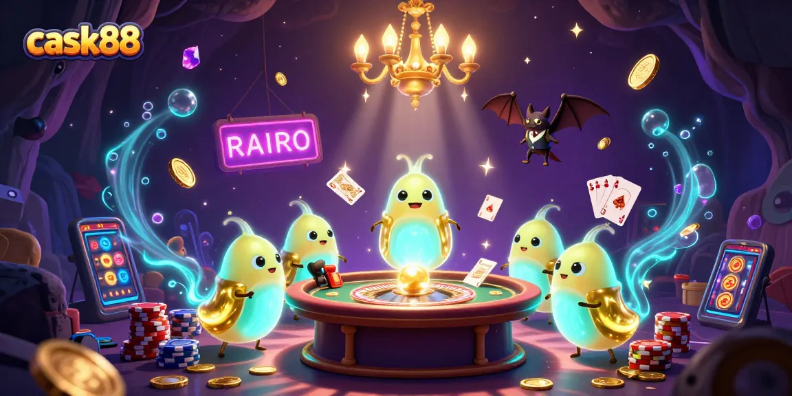 Cask88 illuminates a vibrant cave casino with glowworms and a bat dealer, featuring flying gems and golden coins.