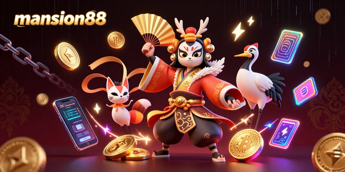 Engage with mansion88's thrilling atmosphere as a kabuki warrior and kitsune mask bring the excitement of online gambling alive.
