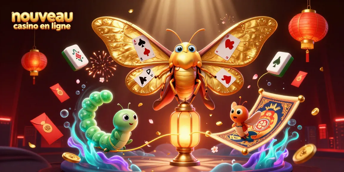 Nouveau casino en ligne : illustration dynamique de jeux de casino avec un papillon géant doré et des éléments de jeu en 3D.