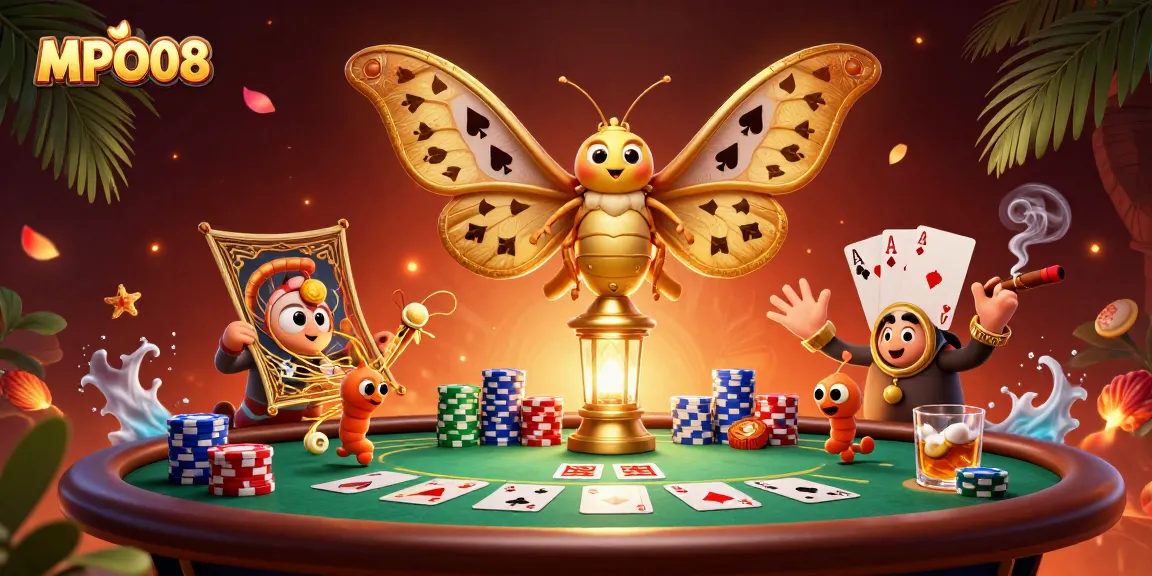 MPO08 enhances gaming excitement with a vivid scene showcasing poker elements and a majestic atlas moth.