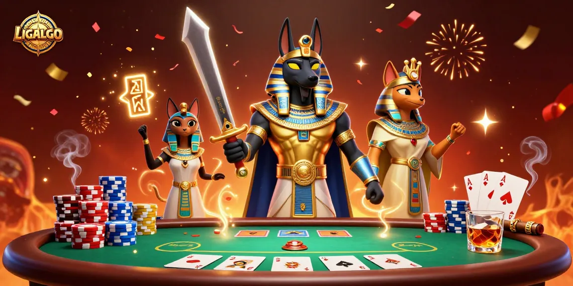 LIGALGO showcases a vibrant scene with Anubis and Bastet at a poker table, celebrating a big win.