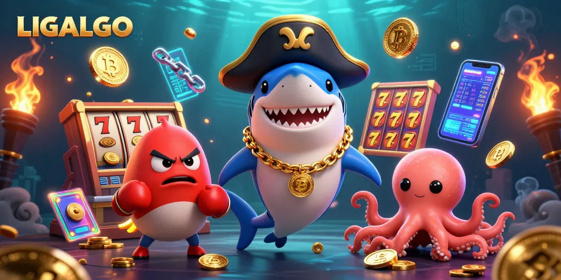 LIGALGO showcases an adventurous pirate shark, pufferfish, and octopus in a casino-themed underwater scene.