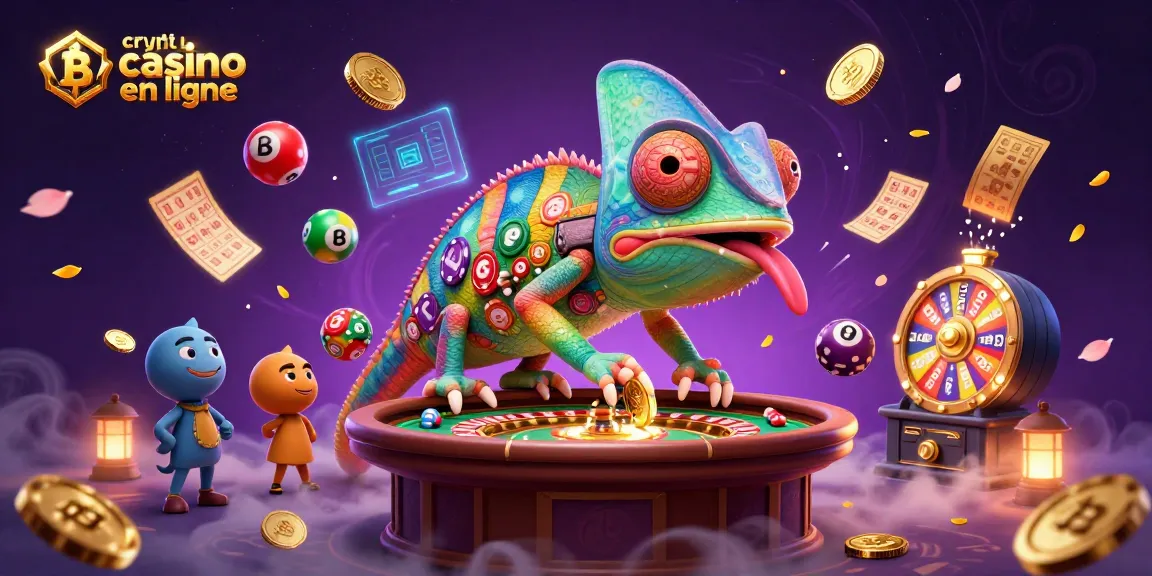 Visuel dynamique d'un crypto casino en ligne avec un caméléon propriétaire captivant, entouré de bitcoins et d'éléments blockchain.