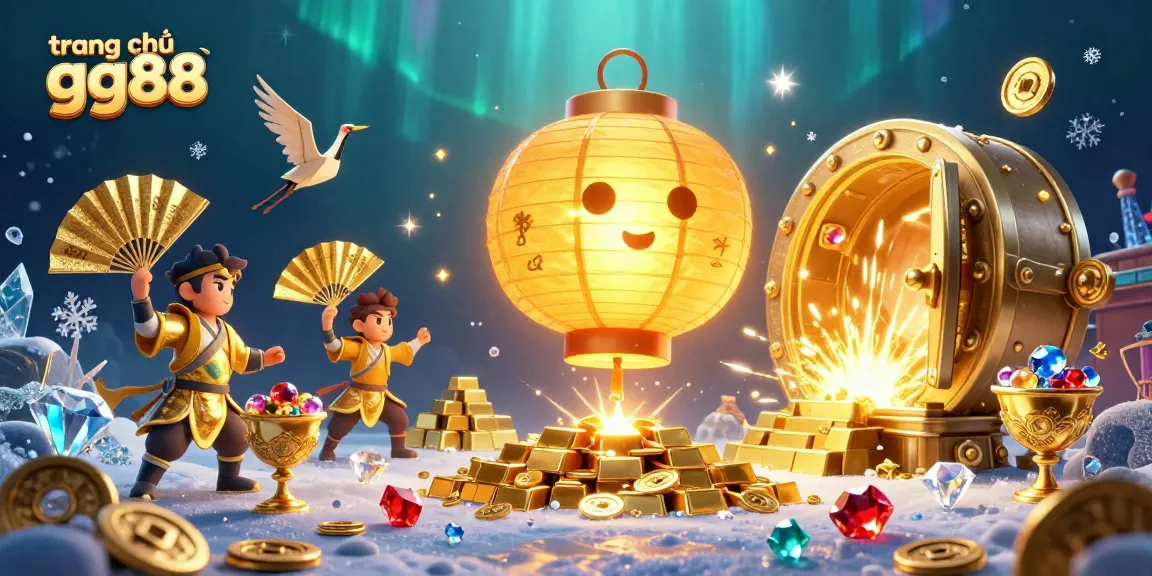 Engage with the vibrant atmosphere of trang chủ gg88, featuring a golden lantern spirit amidst casino treasures and lucky symbols.