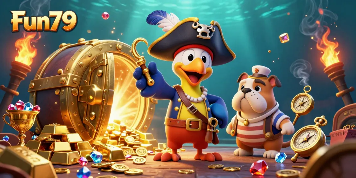 Join Fun79 in an exciting treasure hunt with colorful characters and gems in this dynamic gaming scene.