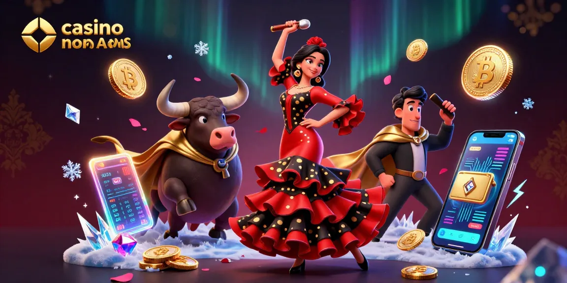 Illustrazione coinvolgente di casino online non AAMS con un ballerino di flamenco e un toro in mezzo a vivaci elementi criptovalutari.