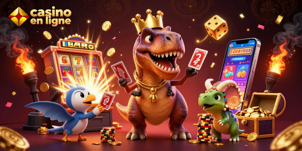 Jouez au casino en ligne avec ce T-Rex mignon qui mélange des cartes dans un décor lumineux.
