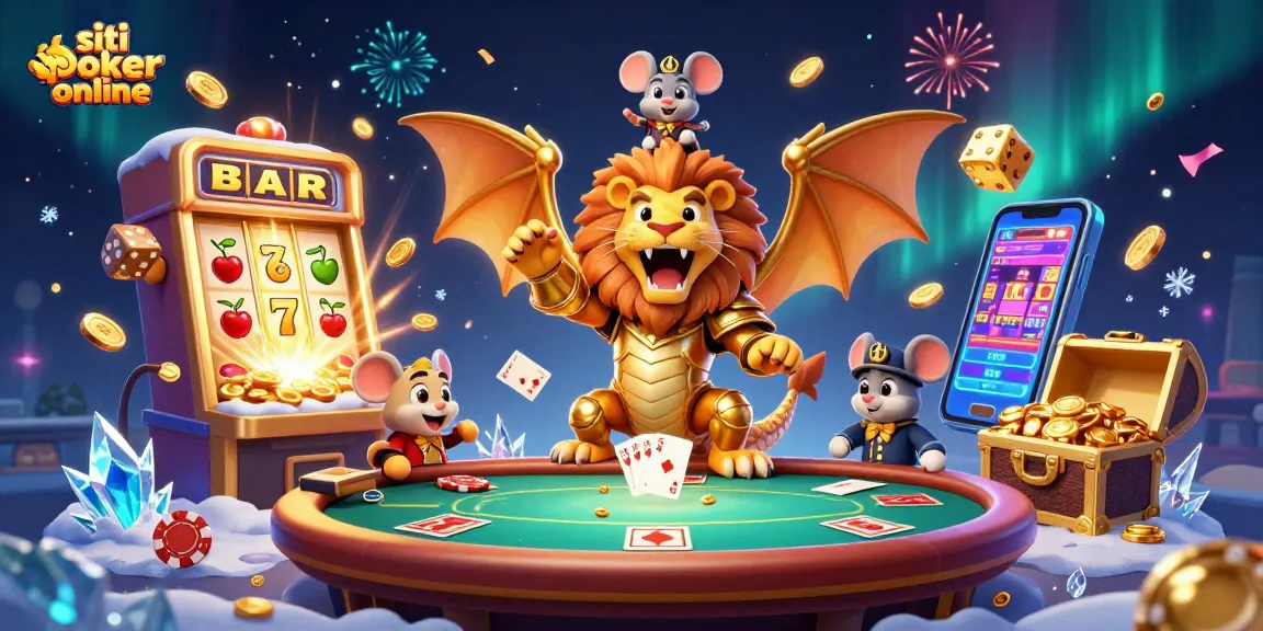 Gioca nei migliori siti poker online con divertenti poker chips e carte mentre esplode una slot machine.