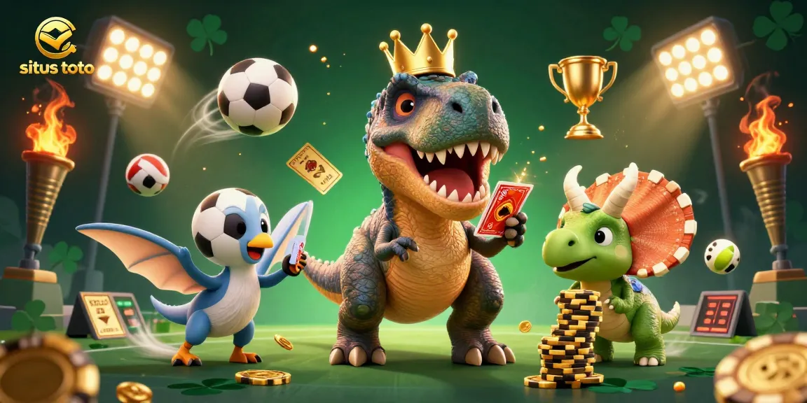 Engage with situs toto through lively characters and dynamic sports elements in a vibrant casino scene.