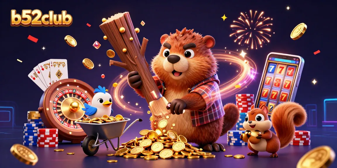 Join the excitement at b52club with a lively scene of animated characters celebrating casino wins.