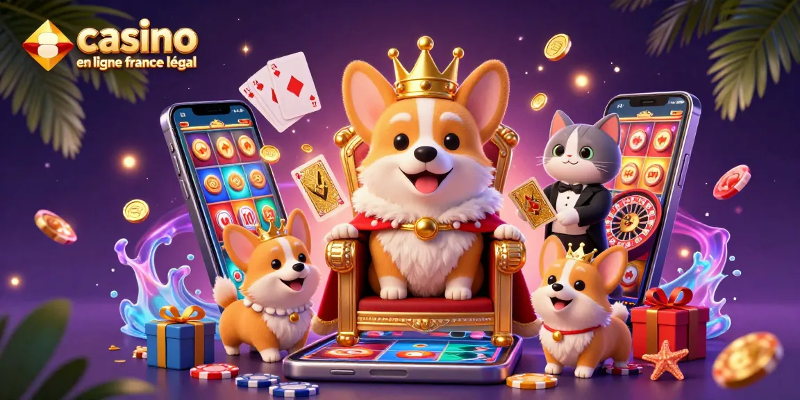 Jouer dans un casino en ligne France légal et admirez l'illustration 3D d'un corgi royal entouré de richesses.