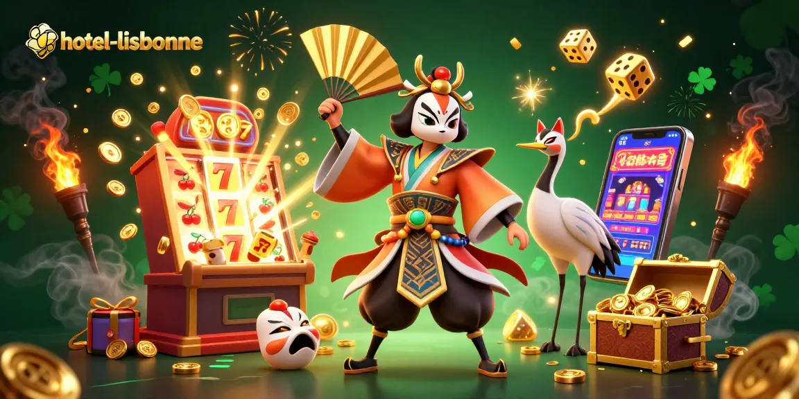 Engage with thrilling slot game action at hotel-lisbonne featuring vivid illustrations of kabuki warriors, jackpots, and casino excitement.