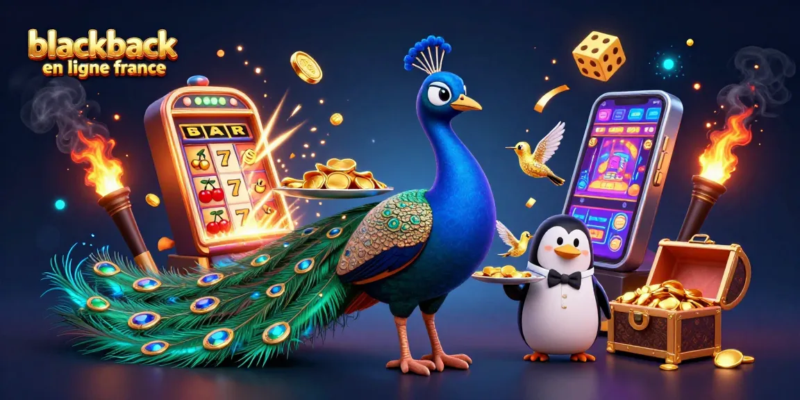 Jouez au blackjack en ligne France avec le paon majestueux et le pingouin majordome, entouré de gains éclatants.