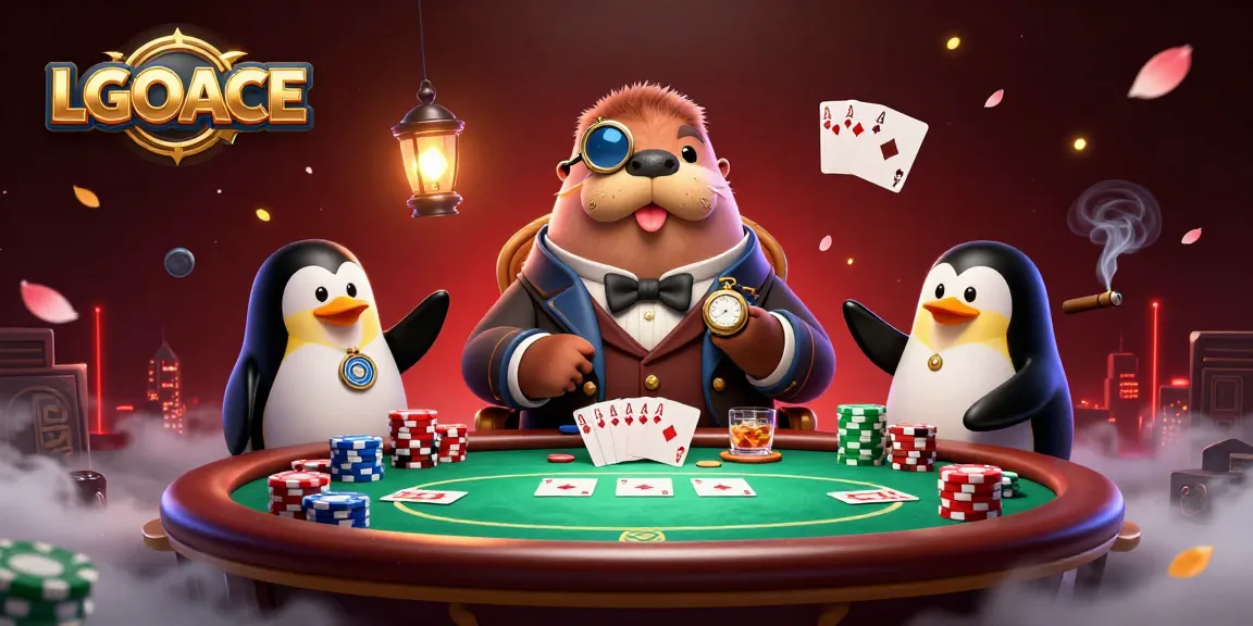 Engage with LGOACE at an underwater poker table featuring a jolly walrus, penguin dealer, and bluffing pufferfish.