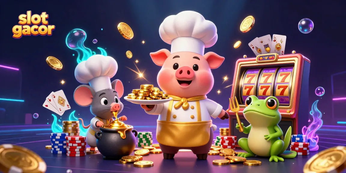 Experience thrilling moments with slot gacor, featuring a chef pig, sous-chef mouse, and critic frog amidst riches.