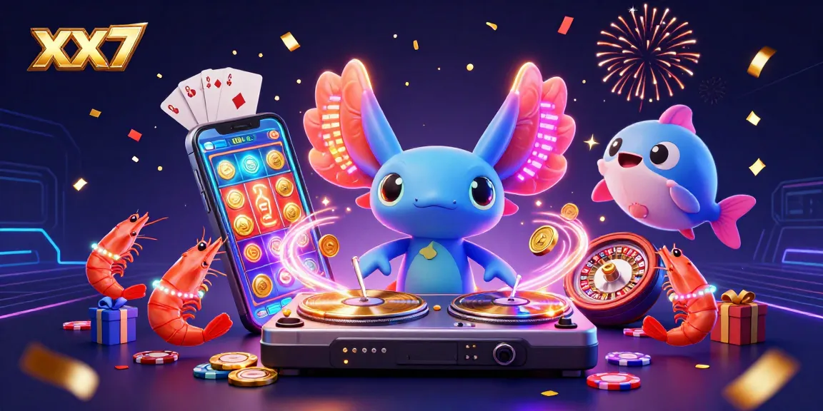 Engage with the vibrant xx7 casino scene featuring a DJ axolotl and slot game action.
