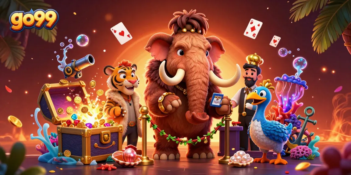 Join the excitement at go99 with a vibrant casino scene, showcasing characters and treasure!