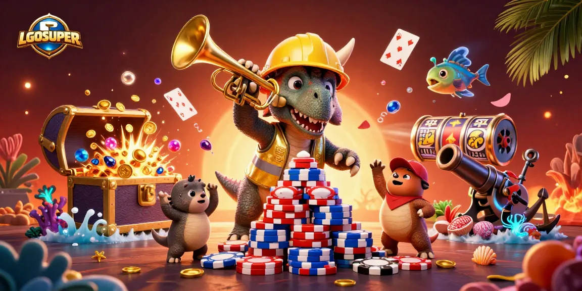 Experience the excitement of LGOSUPER with cartoon characters building poker chip towers amidst vibrant casino symbols.