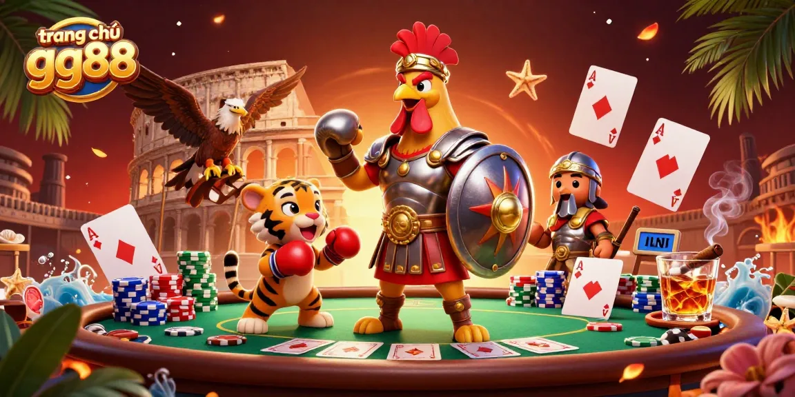 Experience the excitement at trang chủ gg88 with a stunning illustration of a gladiator rooster and tiger cub in an epic arena.