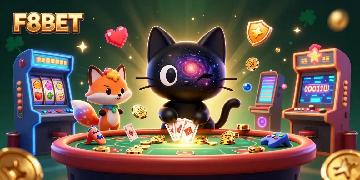 Experience F8BET's cosmic casino with the captivating black hole cat and vibrant nebula fox.