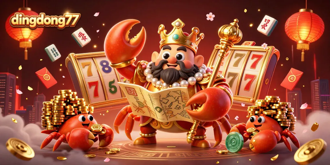 Experience exciting gameplay at dingdong77 with a golden crab scepter and treasure map surrounded by vibrant 3D slot elements.