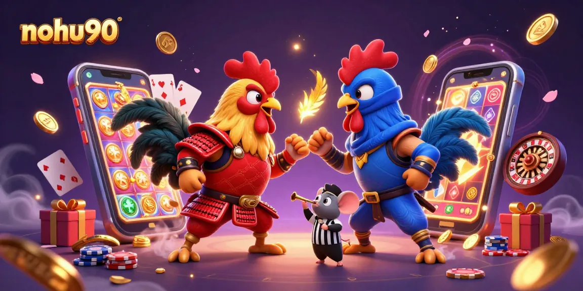 Nohu90 offers thrilling experiences with 3D cartoon fighting roosters in a dynamic casino scene full of excitement.