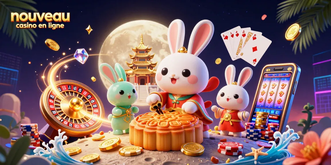Illustration captivante de nouveau casino en ligne avec un lapin lunaire et des jetons de poker scintillants.