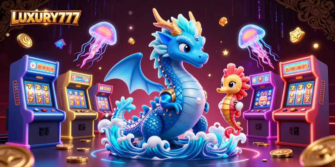 Menangkan jackpot dengan LUXURY777, tampilan kasino digital dengan naga dan permainan keberuntungan.