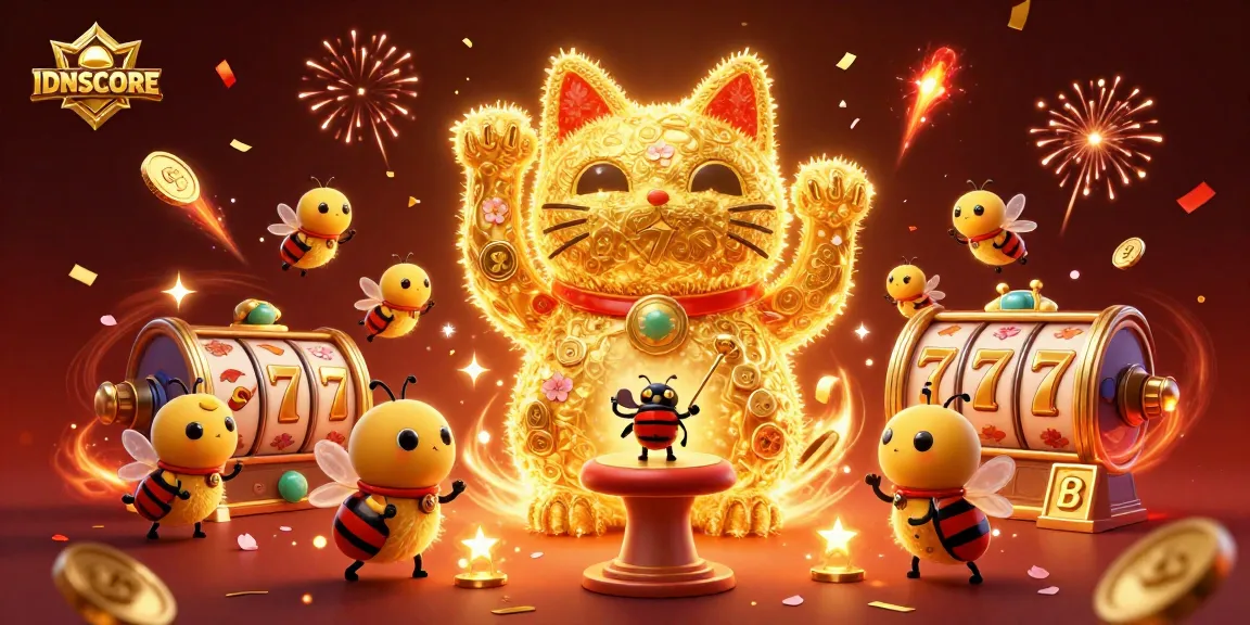 Experience high-stakes action with IDNSCORE as the lucky cat attracts wins amidst dazzling slot gameplay.