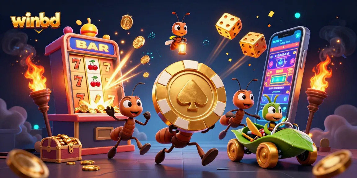 Winbd team of 3D cartoon ants carrying a giant poker chip in a casino heist scene filled with vibrant gaming elements.