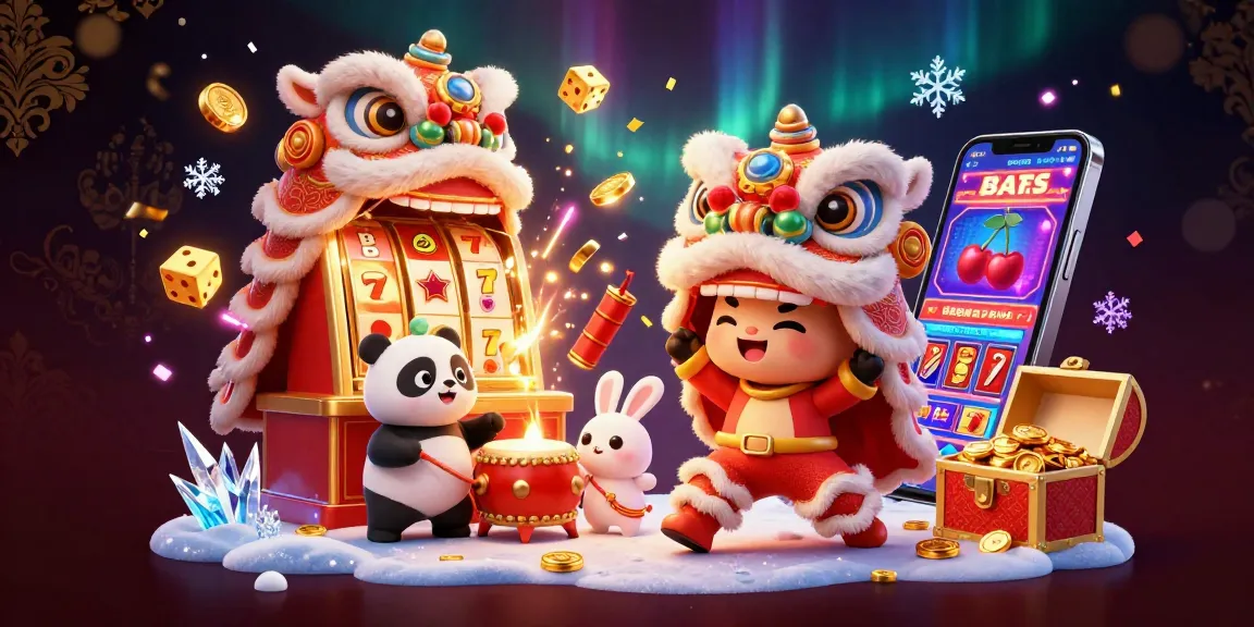 SBOBET showcases a vibrant 3D casino scene with a lion dance, drumming panda, and dazzling slots.