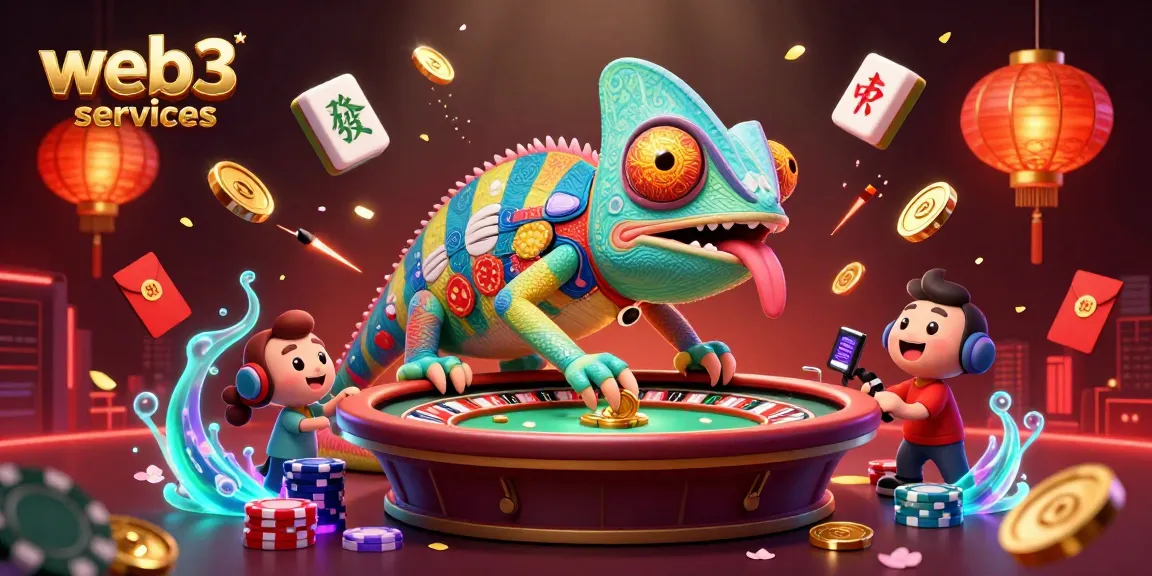 Engage in thrilling web3 services with a vibrant casino scene featuring a colorful chameleon.