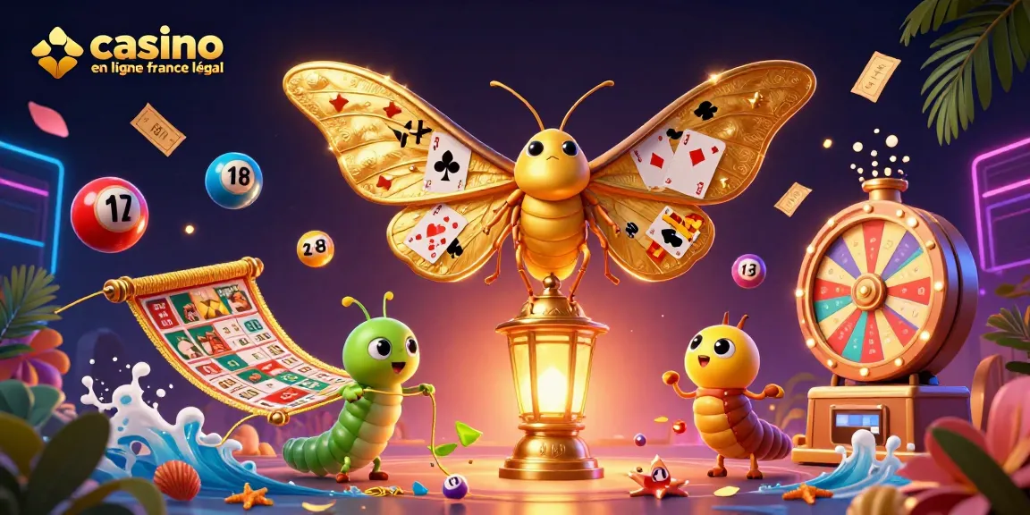 Visualisez le décor de casino en ligne France légal avec un papillon 3D et des éléments ludiques colorés.