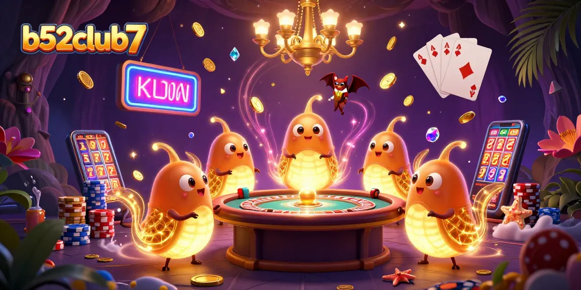 Experience gaming at b52club7 with glowing creatures illuminating a vibrant casino scene filled with coins and cards.
