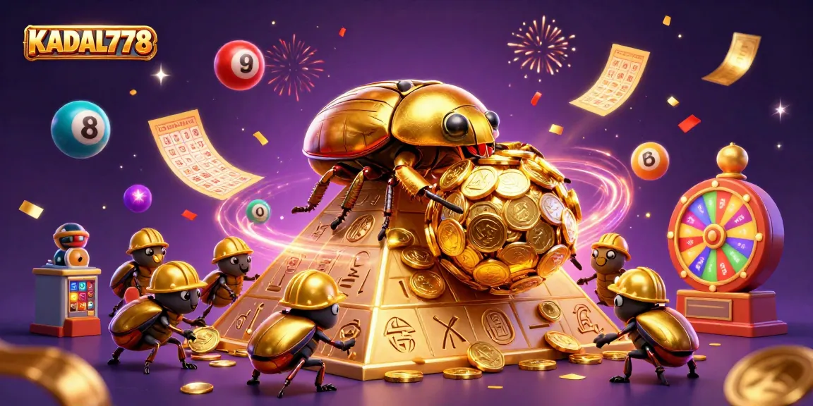 KADAL778 showcases a vibrant 3D scene with golden beetles and colorful lottery elements celebrating casino gaming.