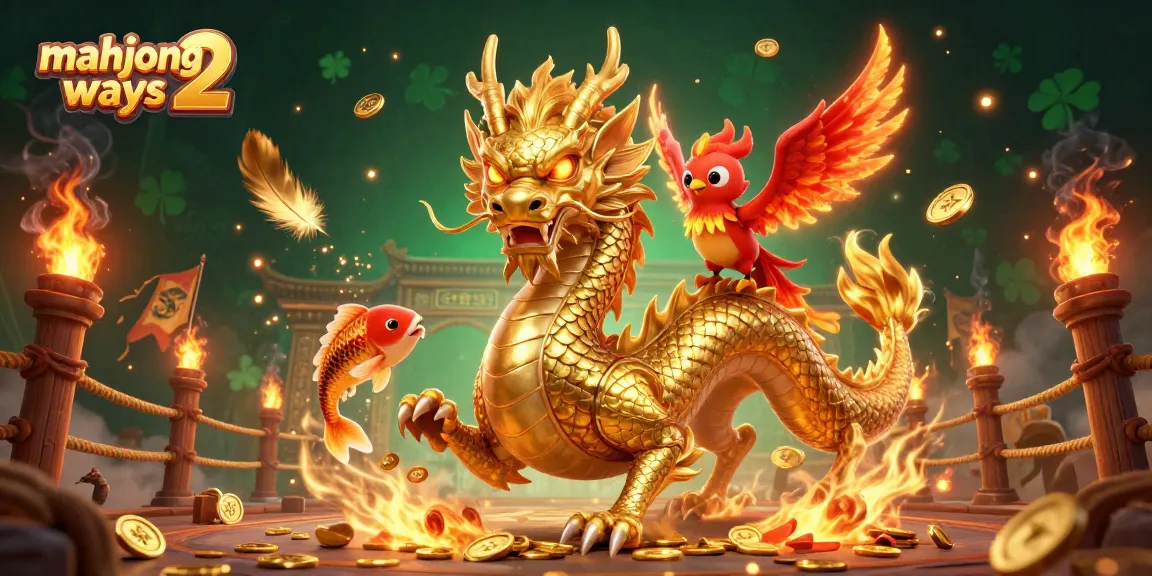Spin the reels of mahjong ways 2 with a fierce dragon and colorful elements in an exciting casino scene.